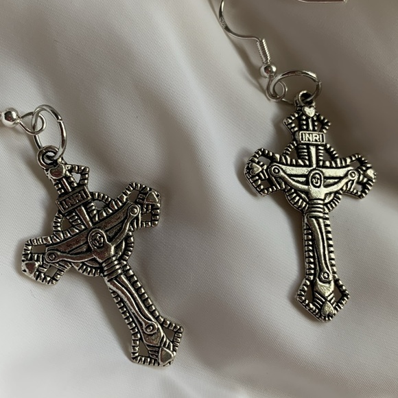 Crucifix Cross earrings Artisan sterling silver hooks pierced - Picture 4 of 6